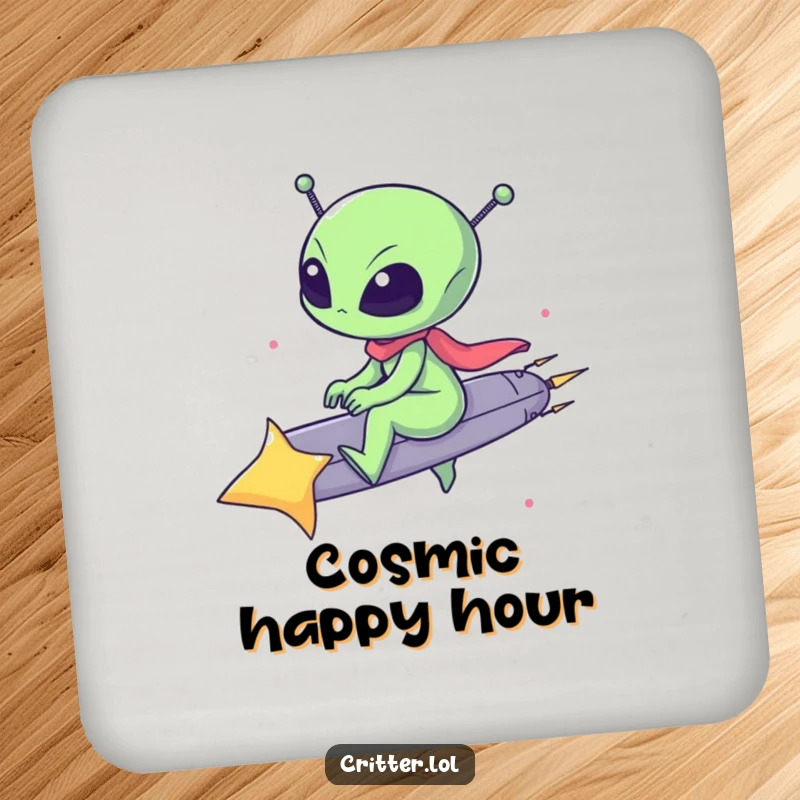 Funny drink coaster showing a small alien riding a shooting star, protecting surfaces with celestial-themed humor.