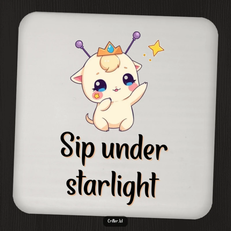 Funny coaster set featuring a creature with antennae and a tiara, playfully batting at a star, protecting surfaces with humor.