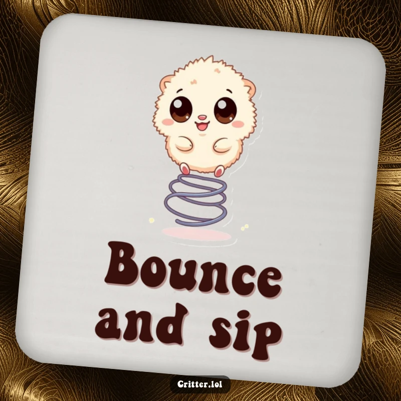 Funny drink coaster with a small, fuzzy creature with large eyes happily bouncing on a spring.