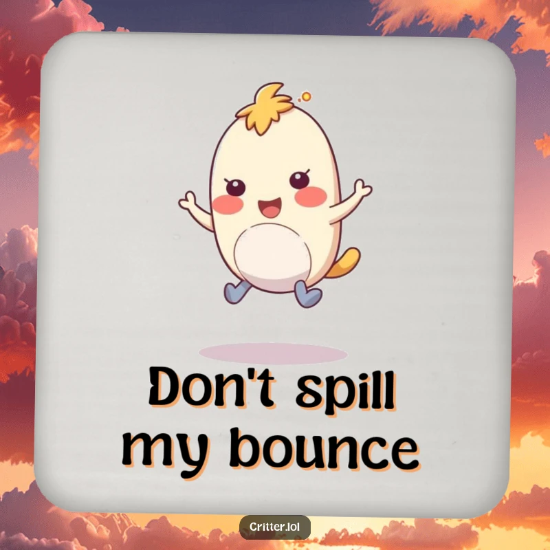 Funny drink coaster with a bouncy creature and rubbery legs hopping with amusement, adding fun decor.