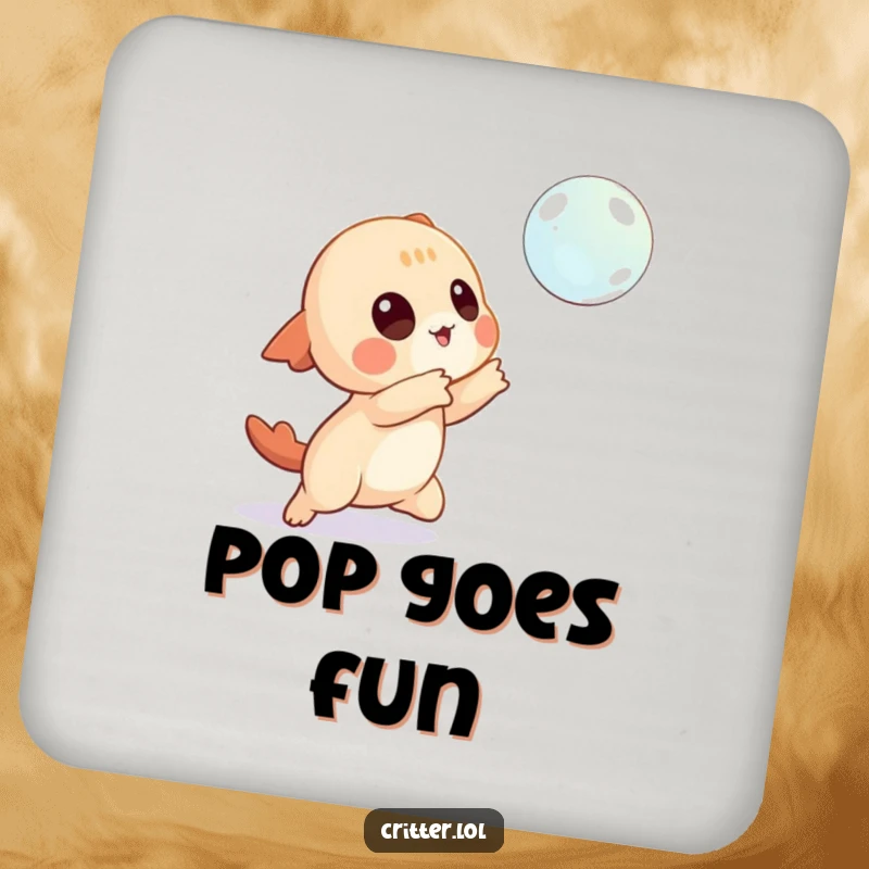 Funny coaster featuring a playful creature character reaching for a floating bubble, protecting your drink with charm.