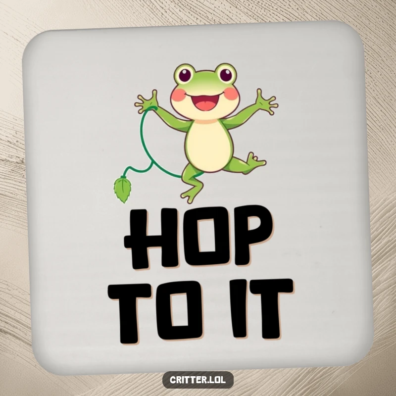 Funny frog coaster featuring a joyful character mid-jump while playing jump rope with a vine, protecting surfaces.