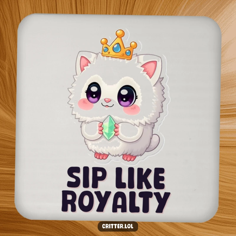 Funny drink coaster featuring a fuzzy creature with a crown and gem, protecting tabletops charmingly.