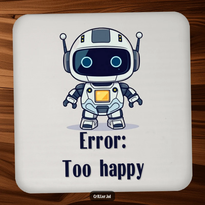 Funny drink coaster featuring a small robot character with a noticeable blinking light, adding a touch of tech flair.