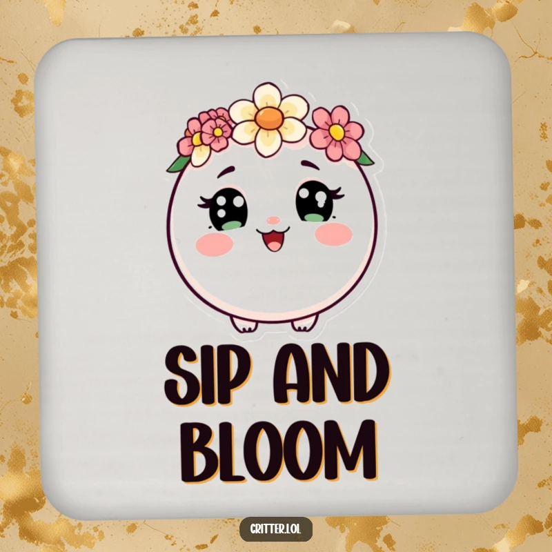 Funny coaster set featuring a round critter with curious eyes and a flower crown, doing a happy wiggle, protecting surfaces with charm.