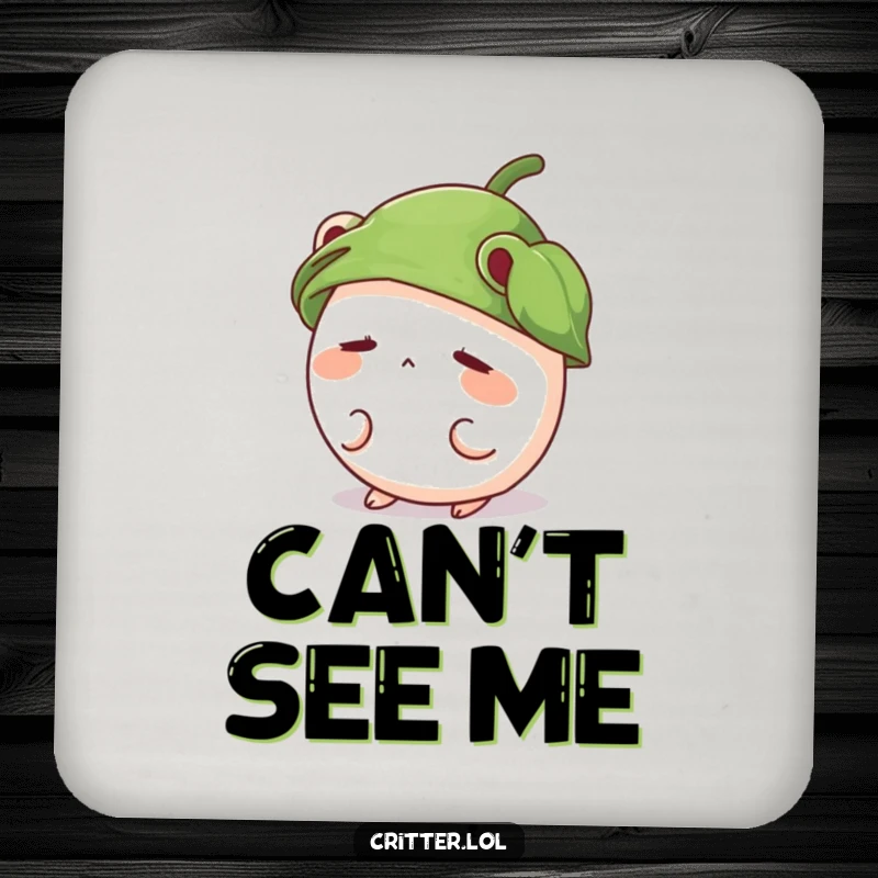Funny coaster set with a shy, round critter wearing a leaf hat and peeking out, offering cute protection.