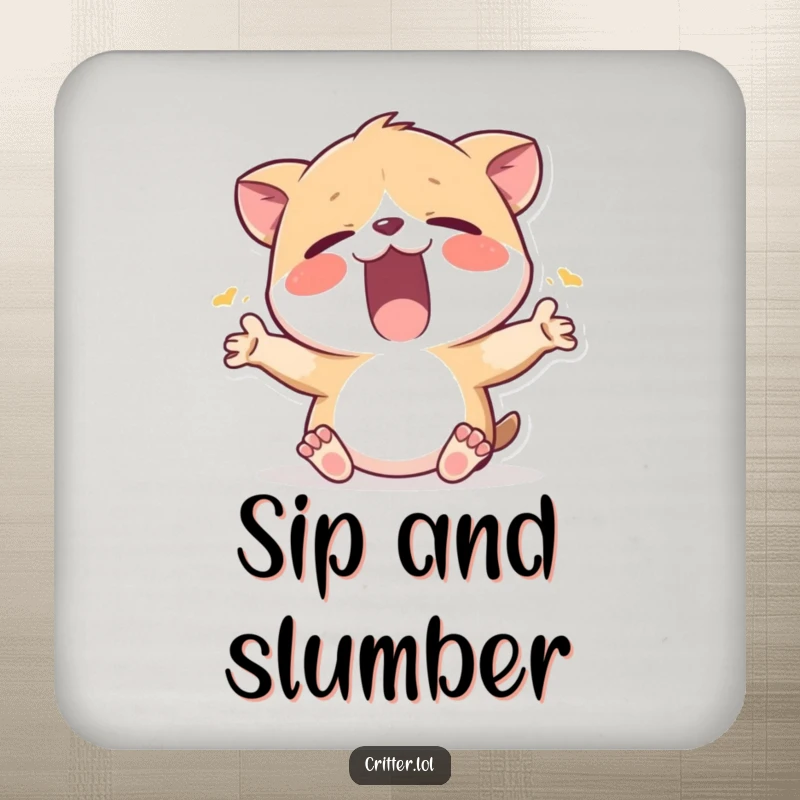 Funny drink coaster featuring a sleepy critter yawning and stretching, adding cozy humor and surface protection.