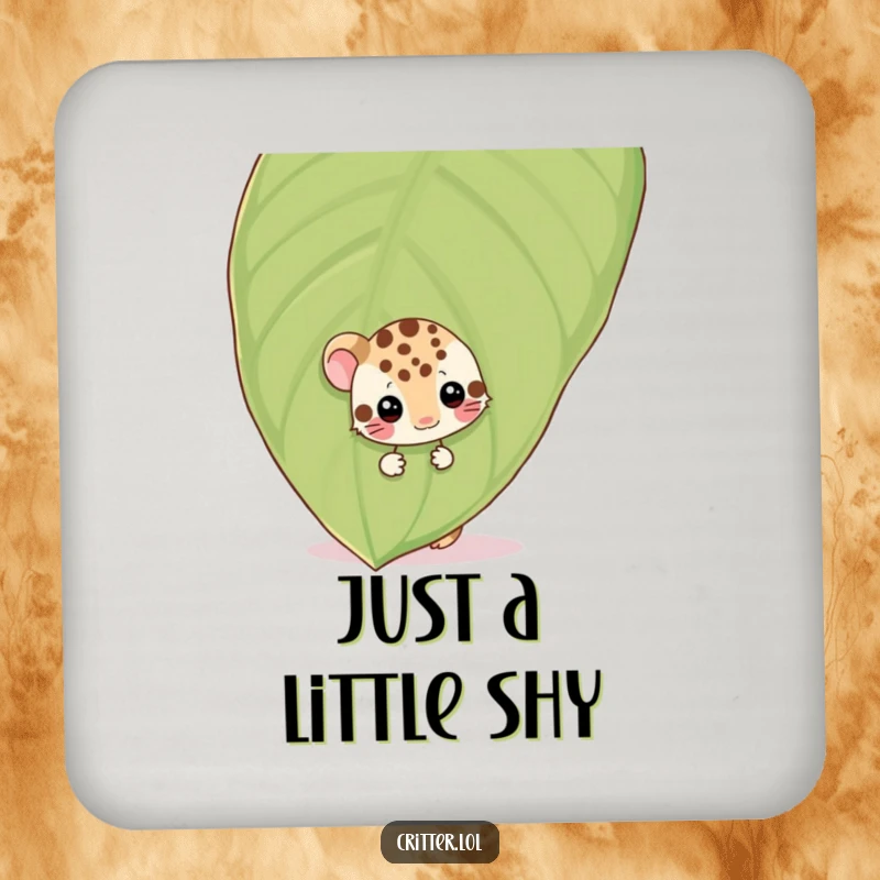 Funny shy spotted critter peeking from behind a leaf, wiggling, on drink coasters, adding a touch of shy charm to surfaces.
