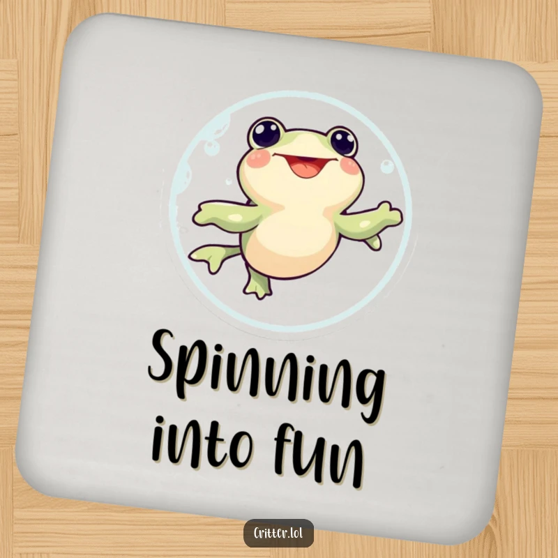 Funny drink coaster with a happy tadpole character swimming in an excited circle, protecting surfaces with aquatic humor.