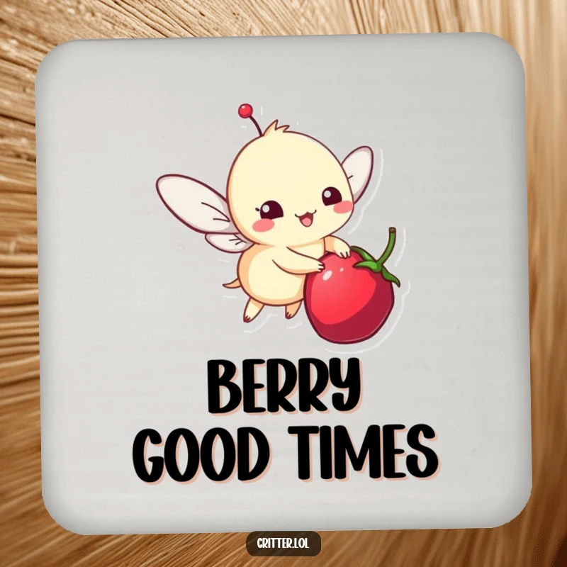 Funny drink coaster featuring a whimsical critter hovering happily around a berry, protecting furniture with a smile.