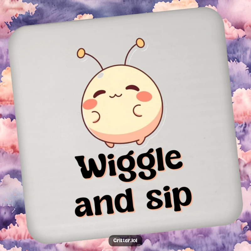 Funny drink coasters featuring a small, round creature with antennae wiggling excitedly, protecting tables with quirky humor.
