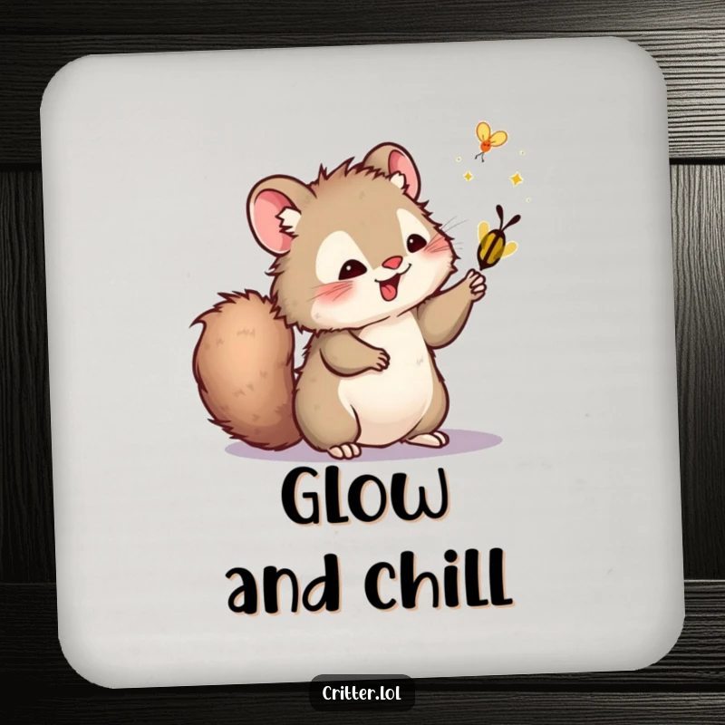 Funny drink coaster featuring a furry critter with a bushy tail swatting a firefly, protecting surfaces with nighttime charm.