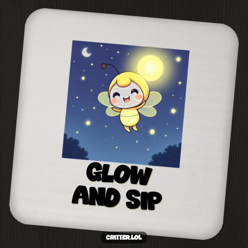Funny firefly coaster featuring a cheerful character emitting a bright glow, protecting surfaces with gentle illumination.