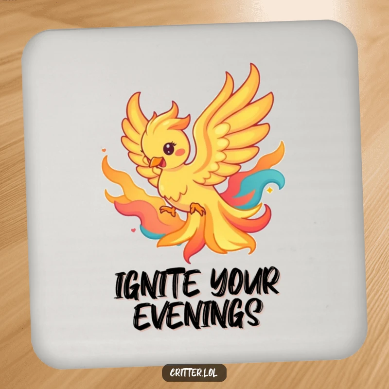 Funny drink coaster featuring a playful phoenix rising from colorful flames, adding a touch of fiery elegance.