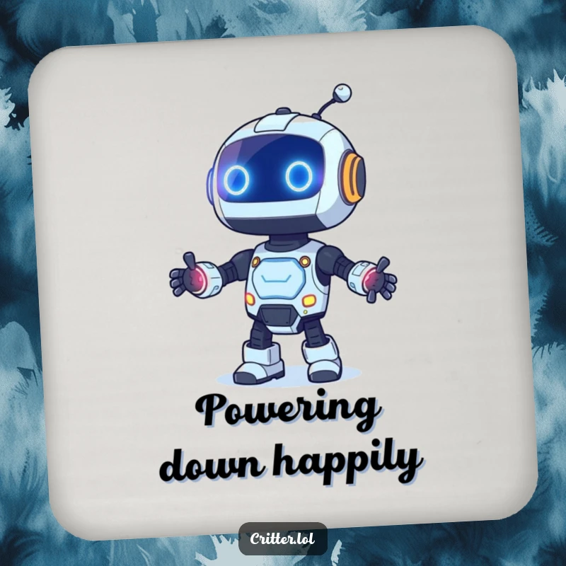 Funny drink coaster featuring a curious robot with blinking lights dancing, adding a touch of futuristic fun.