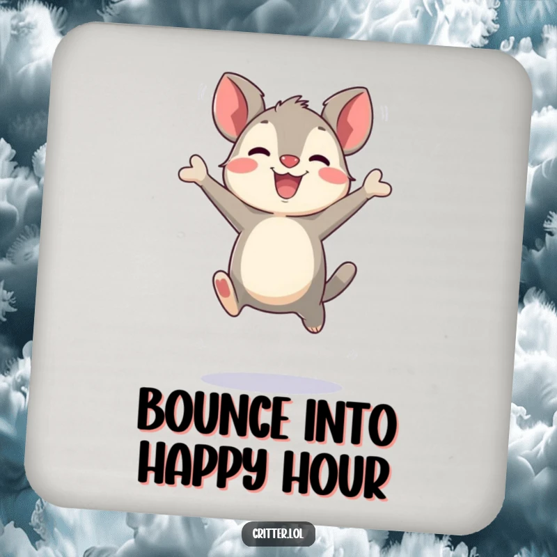 Funny bouncing critter character making exaggerated joyful leaps on a drink coaster, adding playful charm and protecting surfaces, an ideal funny gift.