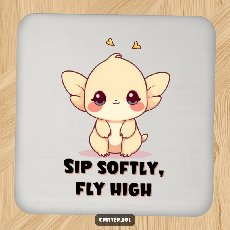 Funny drink coasters featuring a shy creature with small wings fluttering upwards, providing protection with gentle humor.