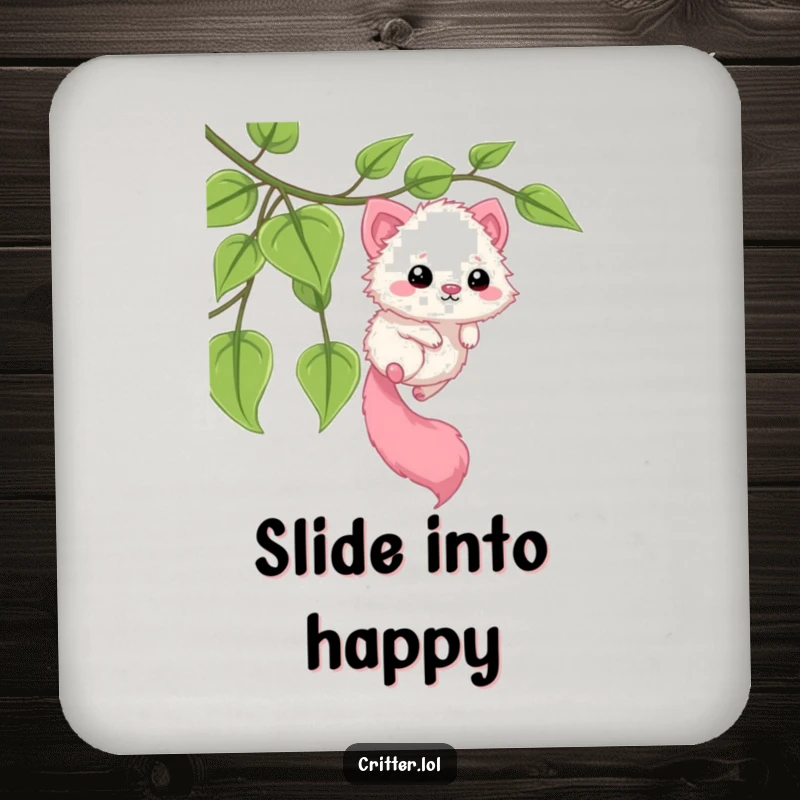 Funny drink coaster featuring a fuzzy critter with a long tail sliding down a leafy vine. Protects surfaces with playful action.