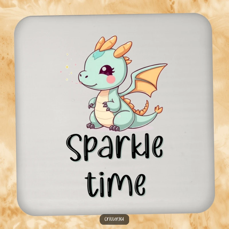 Funny tiny dragon smoke drink coaster, featuring a small dragon exhaling sparkly smoke, protecting surfaces with a humorous, magical design.