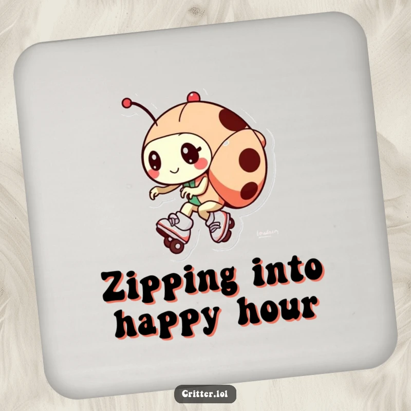 Funny drink coaster with a ladybug character wearing roller skates, zipping by to protect surfaces with humor.