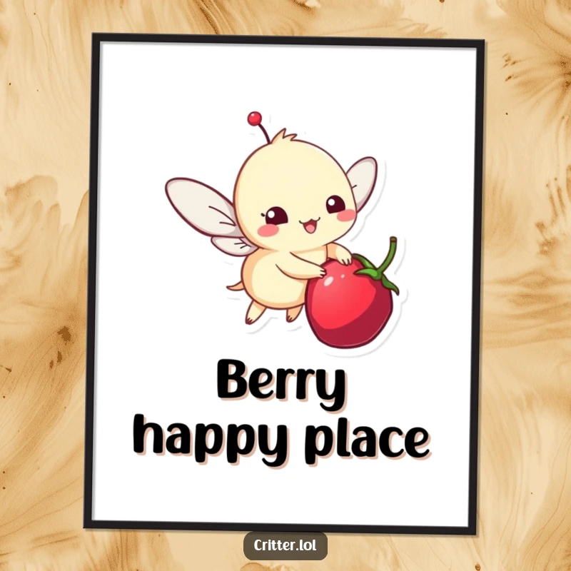 Funny poster print of a charming winged critter happily hovering near a single ripe berry, capturing a moment of pure delight.