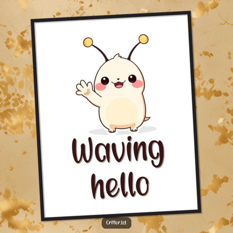 Funny alien poster showing a creature with antennae waving hello, adding friendly and humorous extraterrestrial vibes to decor.