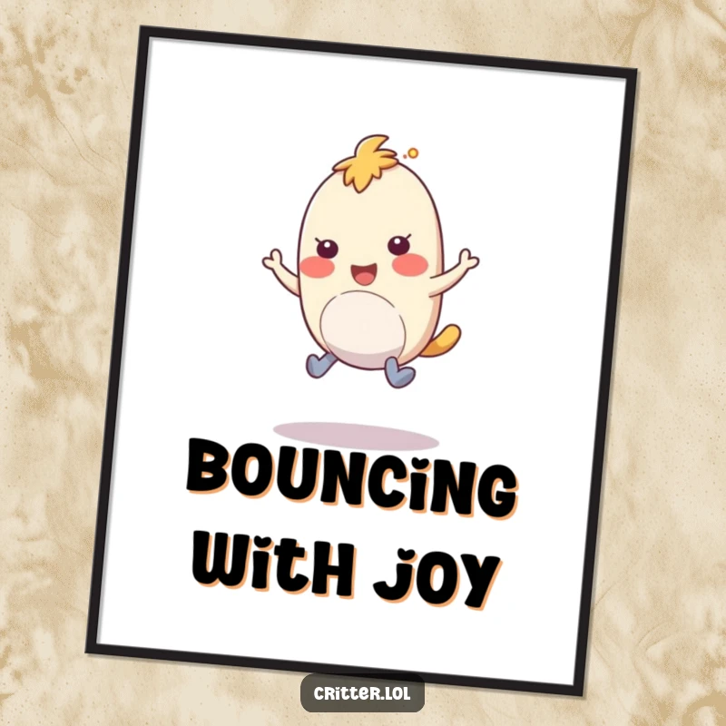 Funny poster art of a bouncy creature with rubbery legs hopping with amusement, bringing joy to walls.
