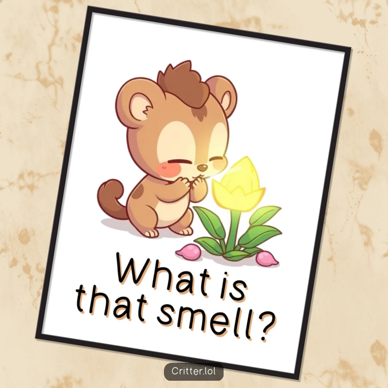 Funny curious creature character intently sniffing a mysterious glowing plant, framed as a poster, adding an element of mystery and humor, a gift.