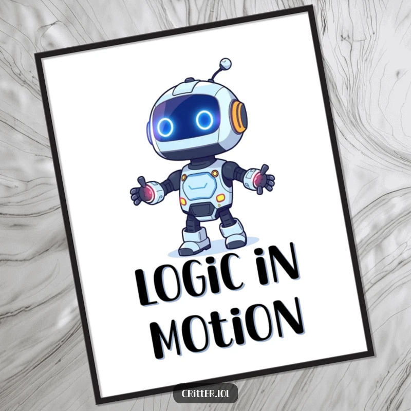 Funny poster of a curious robot with its lights blinking, captured mid-dance, radiating fun and technological energy.