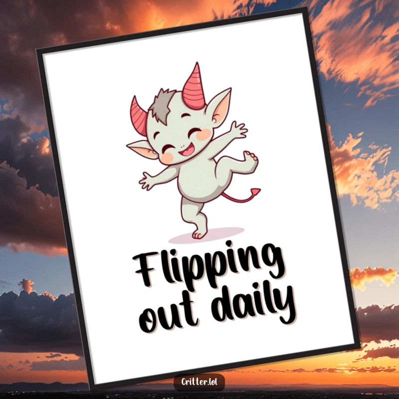 Funny poster of a cute imp with devil horns performing a cartwheel, radiating playful energy and charm.