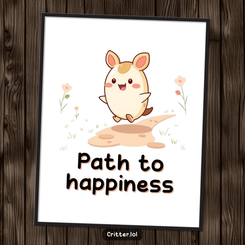 Funny Critter Poster: A gleeful, round critter skips joyfully down a path, creating a bright and funny piece of wall art.