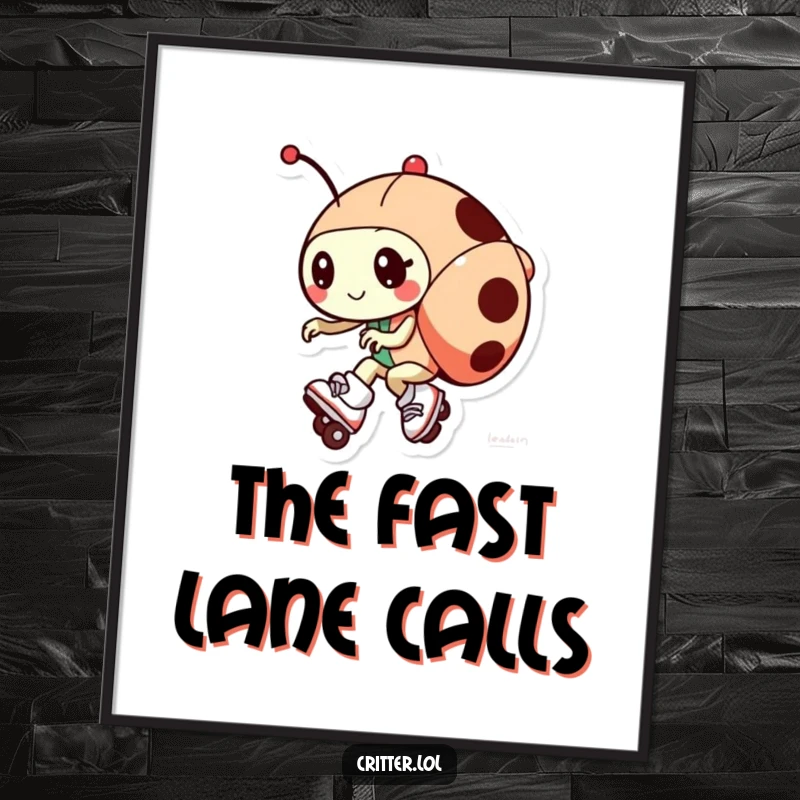 Funny poster illustration of a ladybug character joyfully skating on tiny roller skates with speed lines indicating motion.