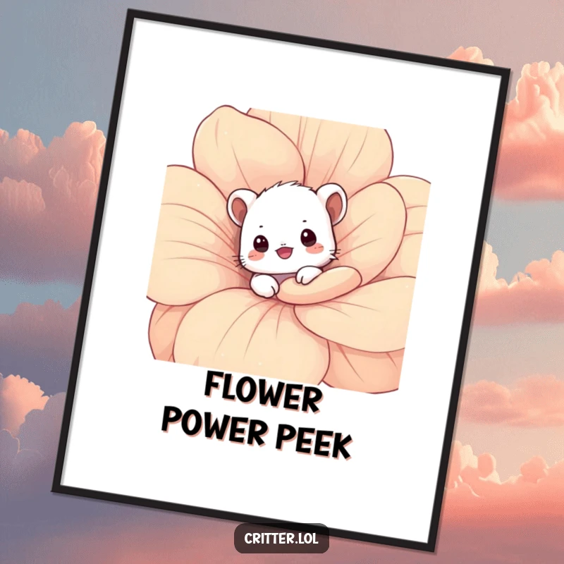 Funny critter poster showing a shy critter peeking from behind a flower petal, adding sweet charm to decor.