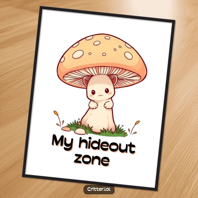 Funny Critter Poster: A charmingly shy critter peeks from behind a giant mushroom, creating a whimsical and humorous piece of wall art.