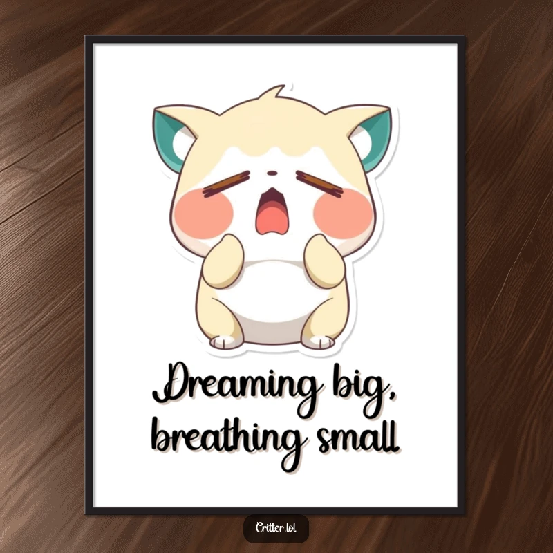 Funny sleepy critter character yawning wide with closed eyes, displayed beautifully on a poster, adding humorous charm to any wall space, a gift.