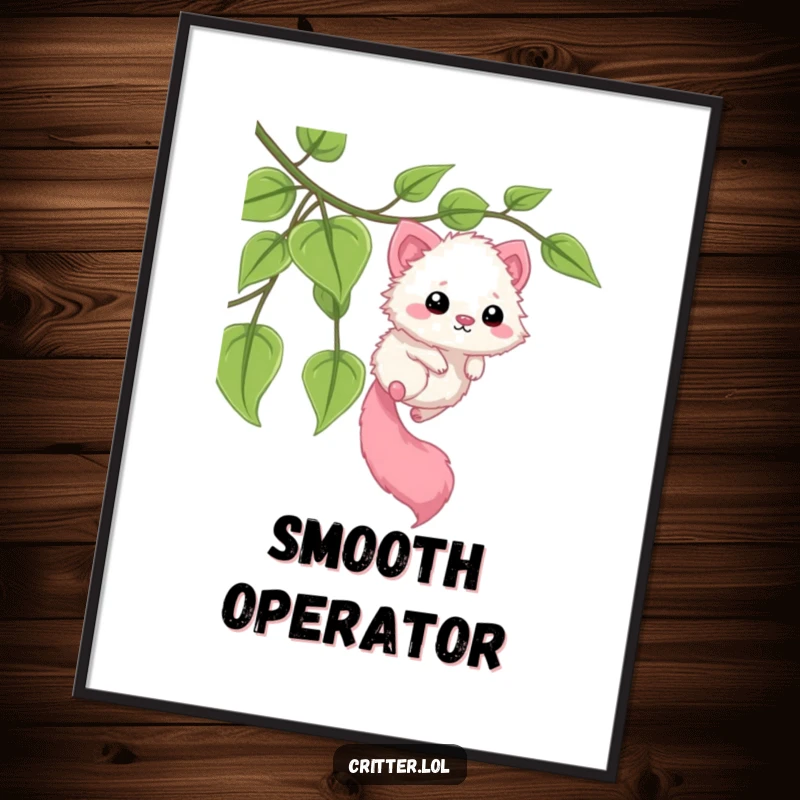 Funny poster showcasing a fuzzy critter with a long tail skillfully sliding down a lush, leafy vine. A dynamic and humorous piece of art.