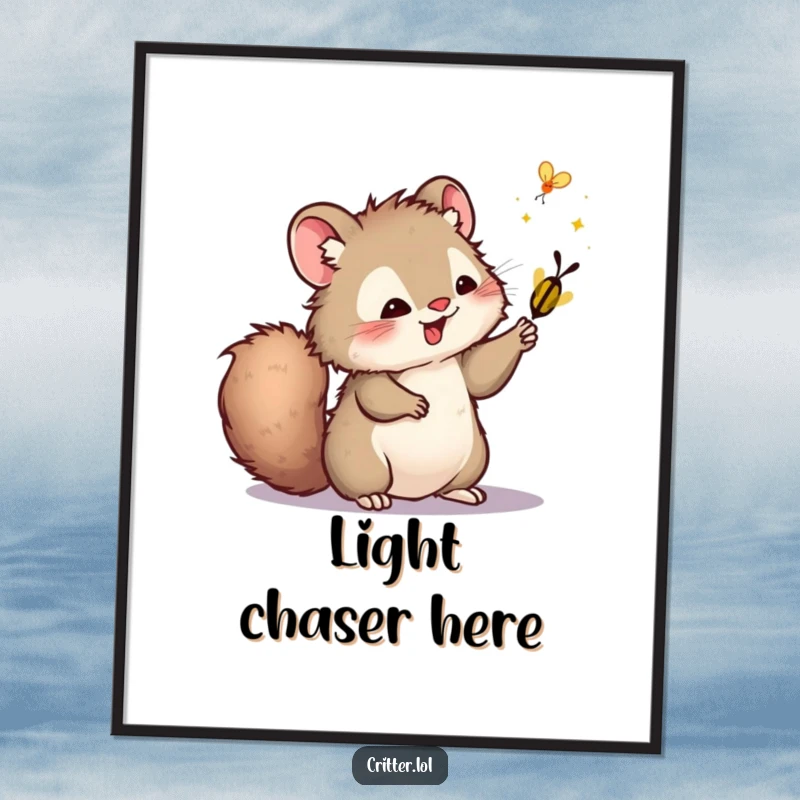 Funny poster of a furry critter with a bushy tail playfully swatting at a firefly, ideal for adding magical ambiance.