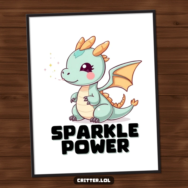 Funny tiny dragon smoke poster depicting a small dragon exhaling sparkly smoke, perfect for adding magical, humorous fantasy-themed art to any room.