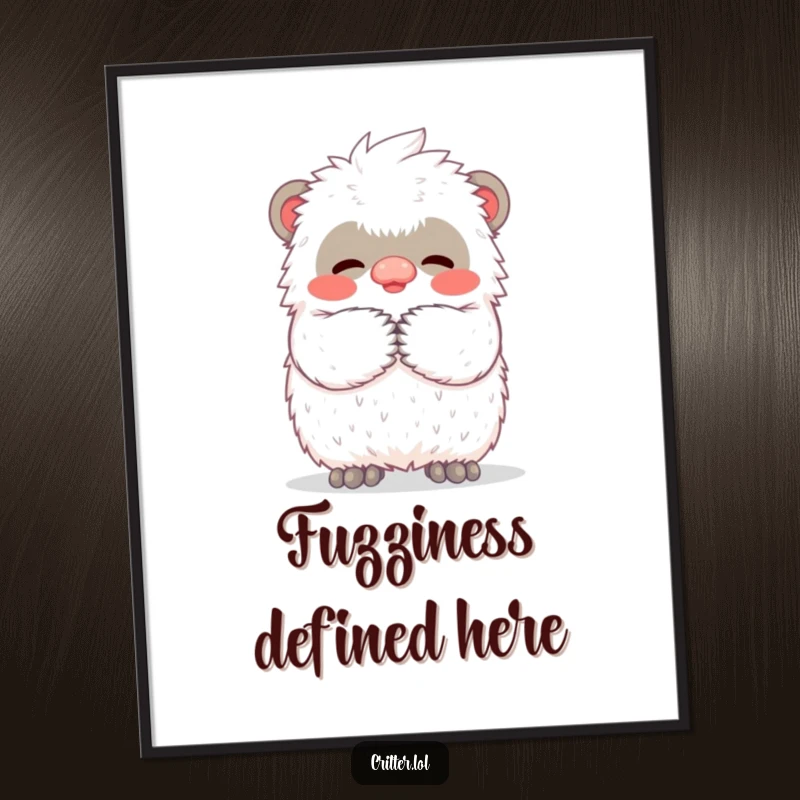 Funny poster illustrating a miniature, fluffy yeti character in the act of giving a big, warm, fuzzy, and incredibly endearing hug.