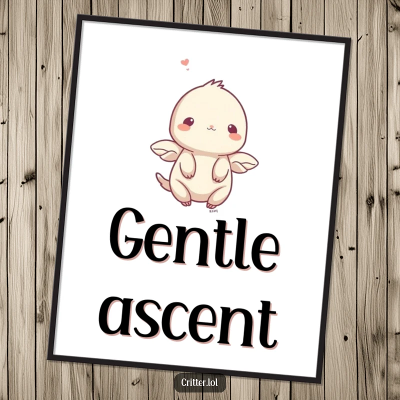 Funny poster art of a shy creature with small wings fluttering upwards, perfect for gentle, humorous decor.