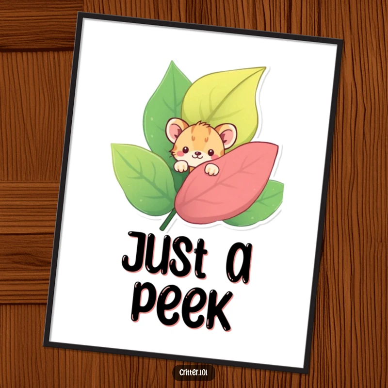Funny poster art of a shy critter peeking from behind a large, colorful leaf, perfect for adding gentle humor.