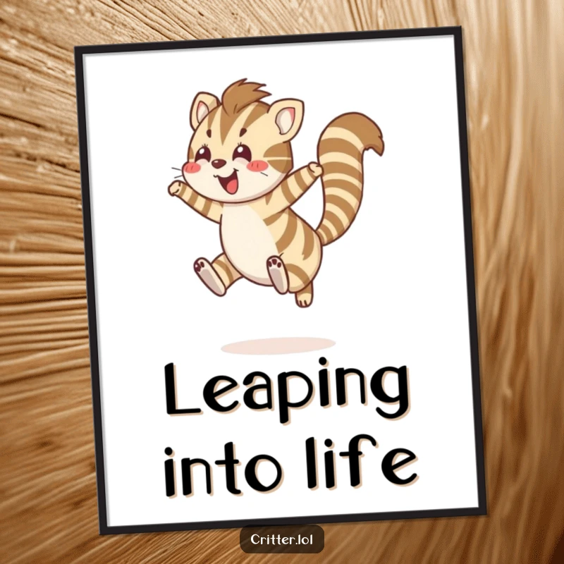 Funny poster art of a striped creature with a bushy tail leaping joyfully, adding humor to any space.