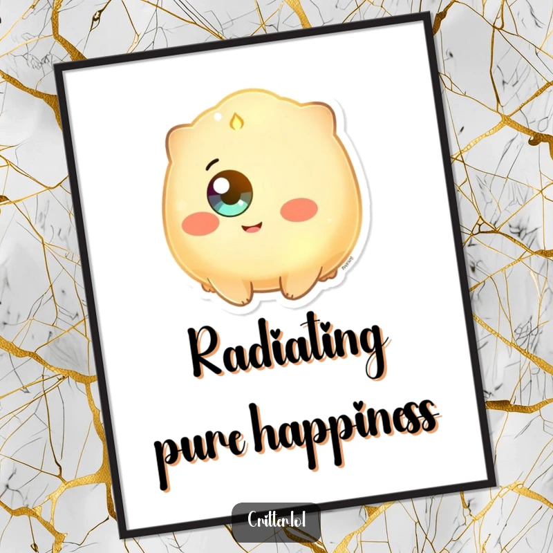 Funny poster print of a glowing creature with a single eye beaming with happiness, casting a warm, humorous glow.