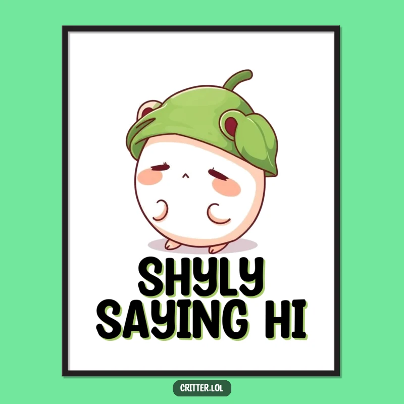 Funny Shy Critter Poster, Cute Leaf Hat Art, Adorable Wall Decor Gift