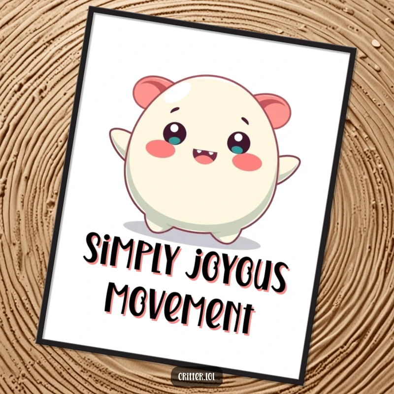 Funny poster of a bouncing blob creature with an incredibly wide, joyful smile, radiating happiness and energy.