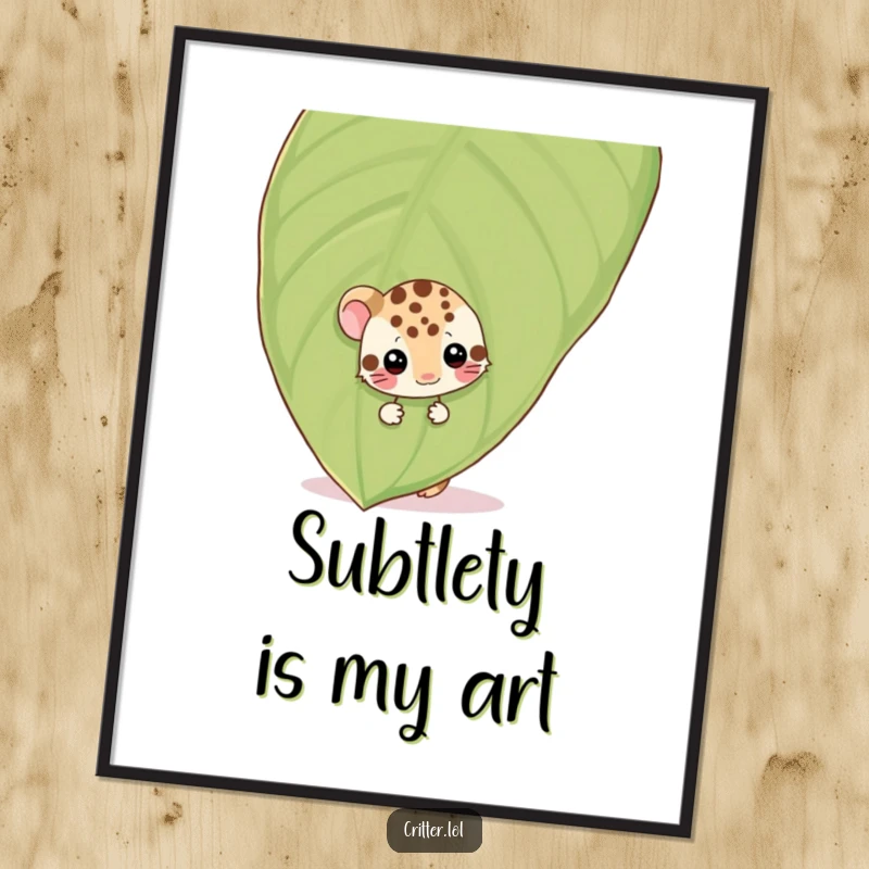 Funny shy spotted critter peeking from behind a giant leaf, wiggling, depicted as a charming and funny poster print.