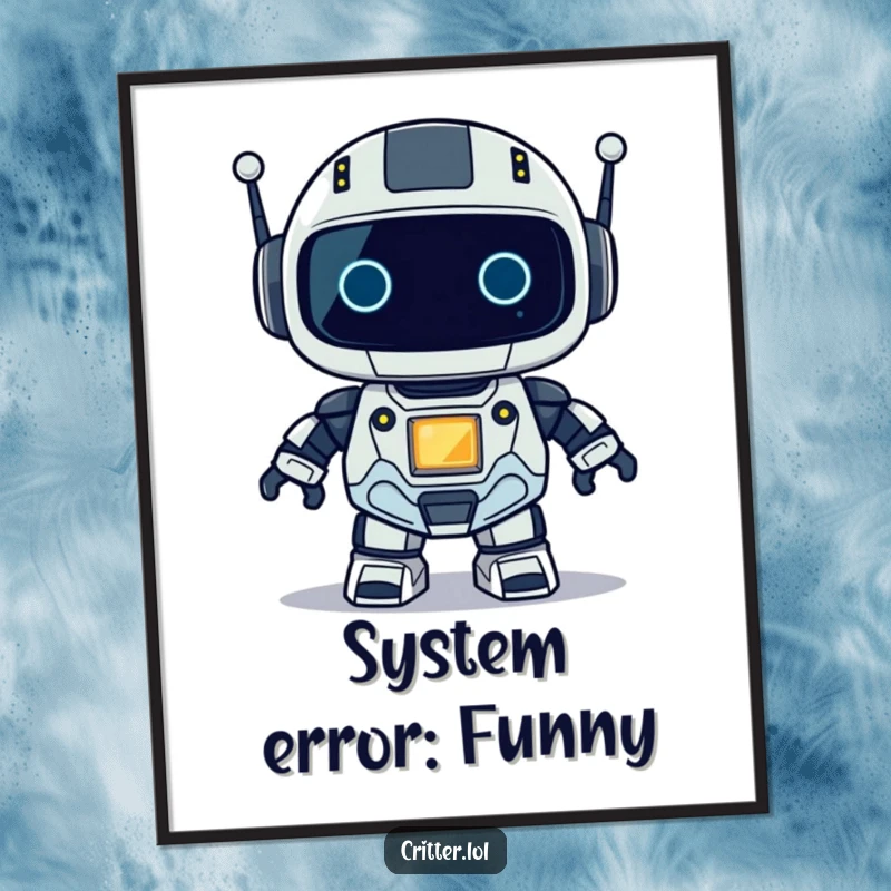 Funny poster of a small, endearing robot with a distinct blinking light, exuding a charming and humorous personality.