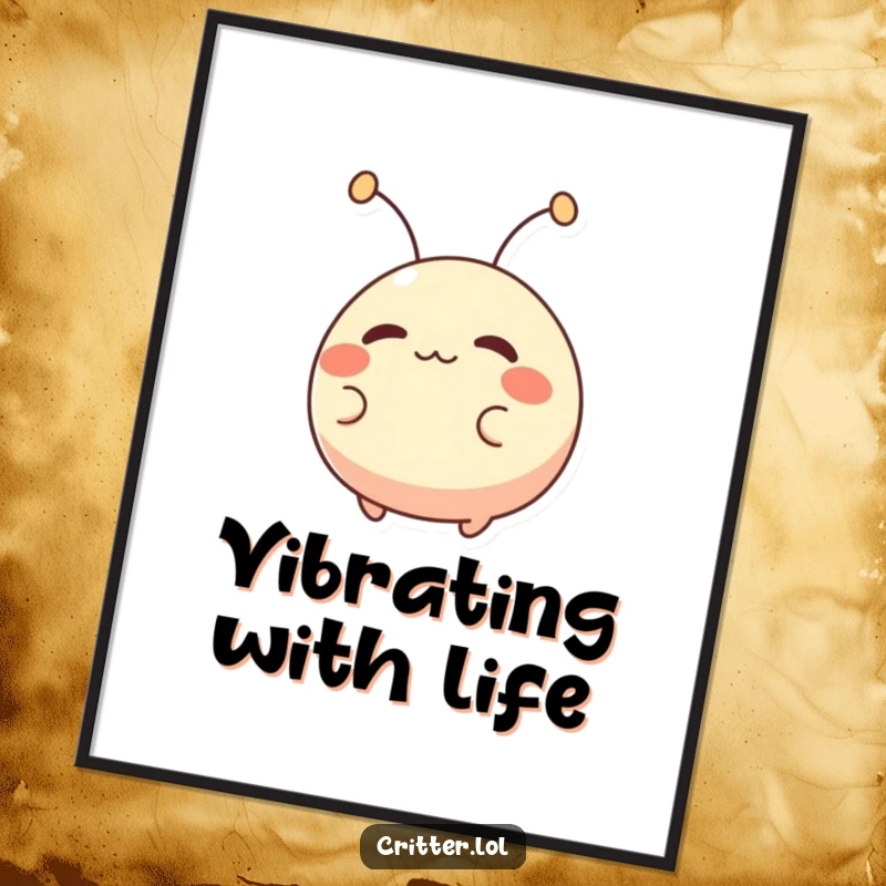 Funny poster of a small, round creature with antennae wiggling excitedly, adding a touch of quirky humor to wall decor.