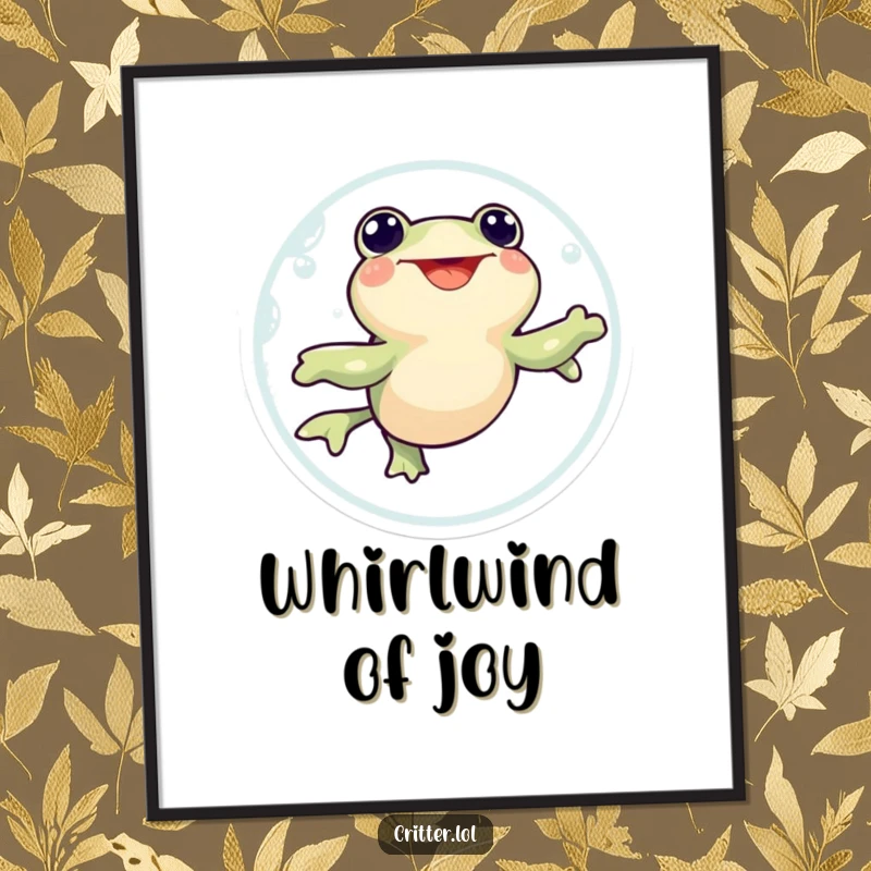 Funny poster showing a happy tadpole character swimming in an excited circle, capturing a moment of pure, humorous delight.