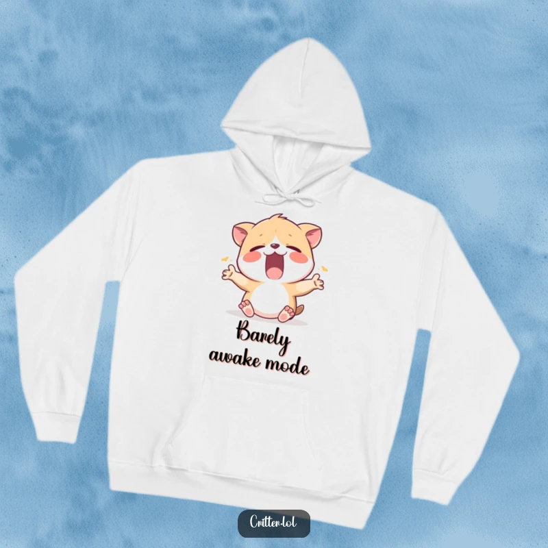 Funny hoodie featuring a sleepy critter yawning widely and stretching, designed for maximum comfort and cozy vibes.